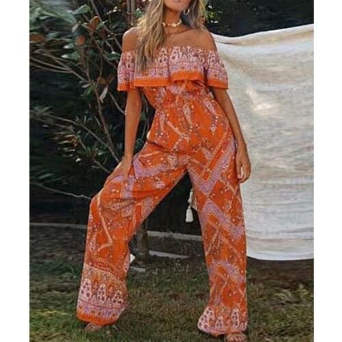 TEELYNN ruffles off shoulder women jumpsuit 2020 vintage cotton orange floral print Wide leg pants summer Rompers long jumpsuits