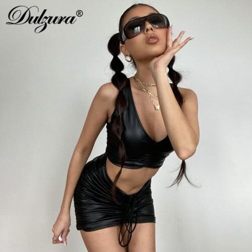 Dulzura Pu Fake Leather Women Two Piece Set Drawstring Ruched Bandage Crop Top Tanks Mini Skirt Bodycon Sexy Elegant 2021 Summer