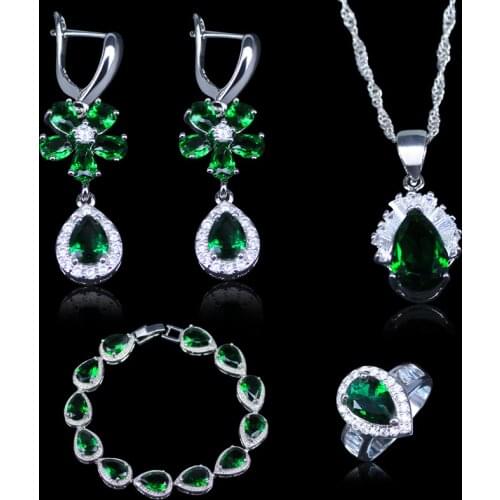 Russian Style Best Wedding Jewelry Sets For Women Silver Color Green Created Emerald White Zircon Four Piece