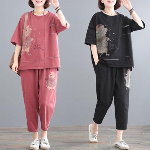 2021 Summer Tracksuit Sets Loose O-neck Cartoon Printed Top and Pants Suits Fashion Casual Sports Women Suit Plus Size 5XL X106
