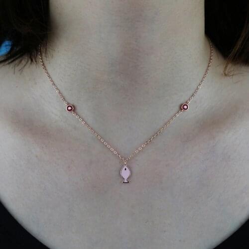 925 sterling silver rose gold color jewelry necklace for women red pink enamel fish shaped delicate fashion necklace