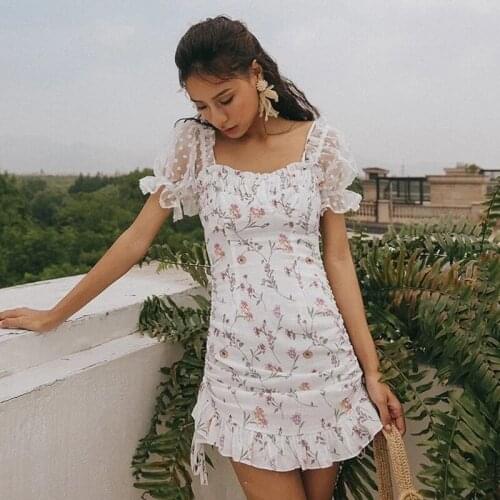 Foridol Flower Print Polka Dot White Boho Summer Dress Female Mesh Sleeve Ruffles Ruched Bodycon Mini Dress Off Shoulder Dress
