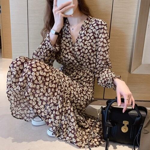 2020 Autumn Floral Printed Women Dress V Neck Flare Sleeve Chiffon Dress Chic Vintage Slim Fit Bottoming Vestidos Korean Style