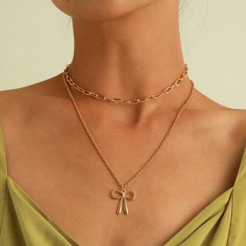 Punk Vintage Thick Chain Bowknot Pendant Necklace for Women Fashion Double Layer Geometric Clavicle Necklace Colar Jewelry Gift