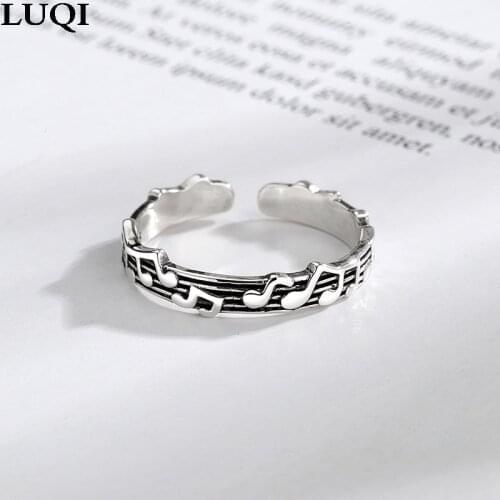 Womens Vintage S925 Thai Silver Distressed Staff Musical Note Opening Ring R310