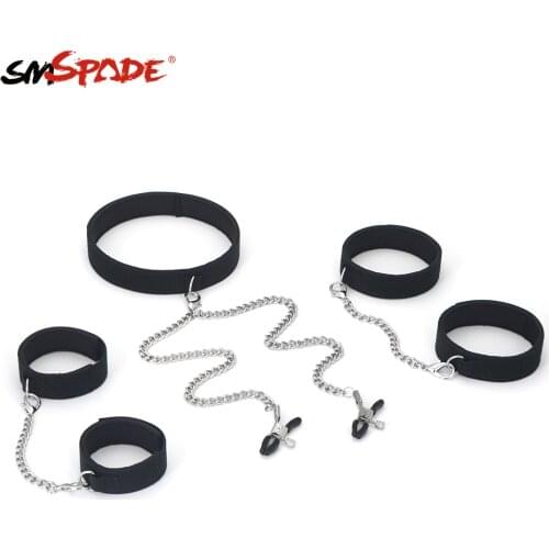 BDSM Bondage Restraint Fetish Slave Collar with Nipple Clamps, Wrist and Ankle Cuffs Kit Adult Erotic Sex Toys Games Products
