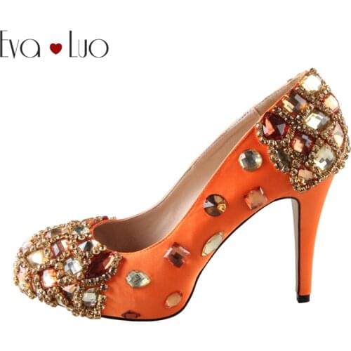 CHS433 DHL Custom Handmade Orange Diamond Jeweled Crystal Bridal Wedding Shoes Dress Pumps High Heel Big Size Women Shoes