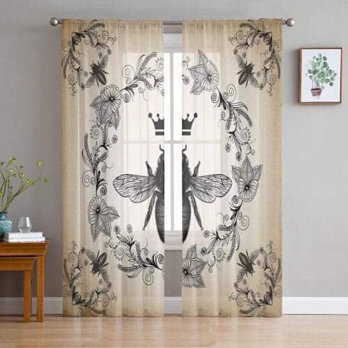 Retro Flower Bee Crown Wreath Sheer Curtains for Living Room Bedroom Kitchen Tulle for Windows Voile Drapes Home Decoration