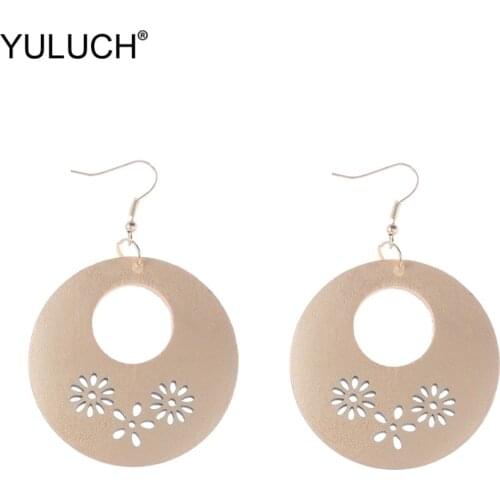 YULUCH Wooden Gold Round Hollow Flower Hanging Earings 2019 Ethnic Fashion Drop Pendant Earrings For Women Jewelry Accessories