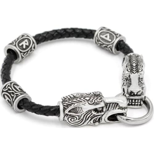 Viking wolf head with rune beads amulet bracelet 3 size 21CM 23CM 25CM