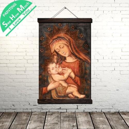 Madonna Jesus Lady Scroll Painting Canvas Vintage Poster and Print Wall Art Pictures Living Room Bedroom Farmhouse Decoration