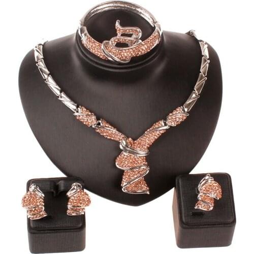 Women Silver Color Champagne Crystal Africa Dubai Wedding Party Necklace Bangle Earring Ring Jewelry Sets