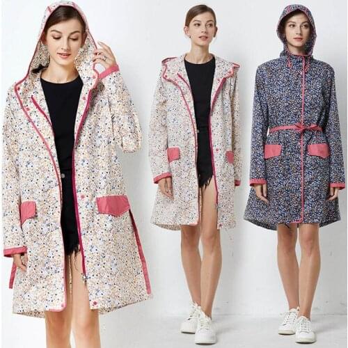 Korean fashion adult windbreaker raincoat womens Japanese Version cute white background small flower red edge belt ultra thin