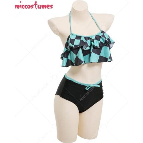 Tanjiro Grid Pattern Halter Neck Top and High Waist Cosplay Costume Two Piece Anime Swimsuit Swimwear Bathing Suit