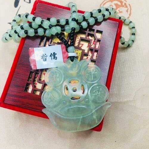 Zheru natural nephrite carved ice through hollow retro gold treasure pendant with jade bead necklace men and women sweater chain