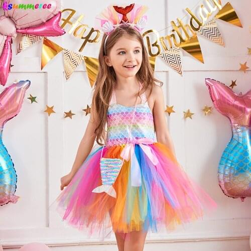 Mermaid Princess Girls Tutu Dress with Headband Kids Birthday Party Halloween Costume Rainbow Fish Scales Ball Gown Vestidos