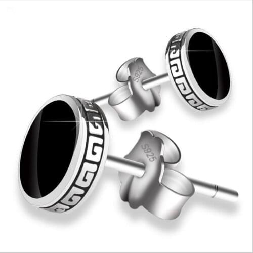 Trendy Men Silver 925 Stud Earrings Jewelry Male Vintage Letter Round Black Earring Women Party Accessories Boyfriend Gift