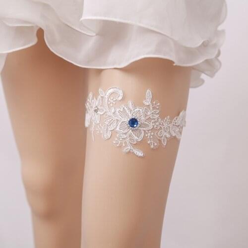 Wedding Garter Blue Rhinestone White Embroidery Floral Sexy Garters for Women/Female/Bride Thigh Ring Bridal Leg Garter