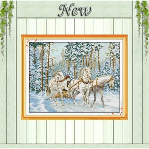 The cart go through the snow,11CT printed on canvas DMC 14CT Cross-Stitch kits,DIY needlework embroidery Sets,Scenic Home Decor