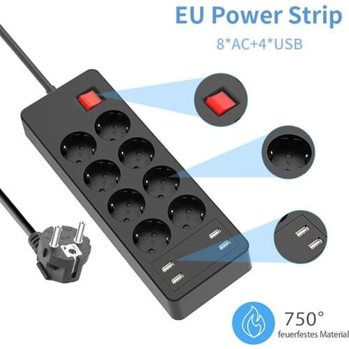 4000W Multi Outlets Power Strip with EU Plug 4 USB Charging Ports On/Off Switch and 1.5M/5ft Extension Cord