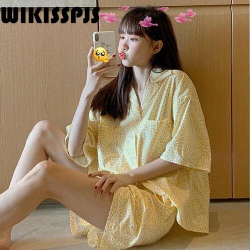 WIKISSPJS Summer new light yellow Pajamas Set 2-piece girls' home wear pajamas for teen girls cute pijamas women