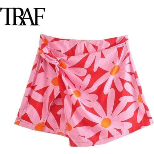 TRAF Women Fashion With Bow Tie Floral Print Shorts Skirts Vintage High Waist Back Zipper Female Skirts Mujer