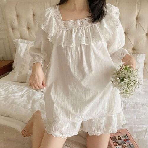 SummerWhite Cotton Shorts Pajamas Sets For Women Loose Vintage Delicate Sleepwear Suits Girls Nightwear