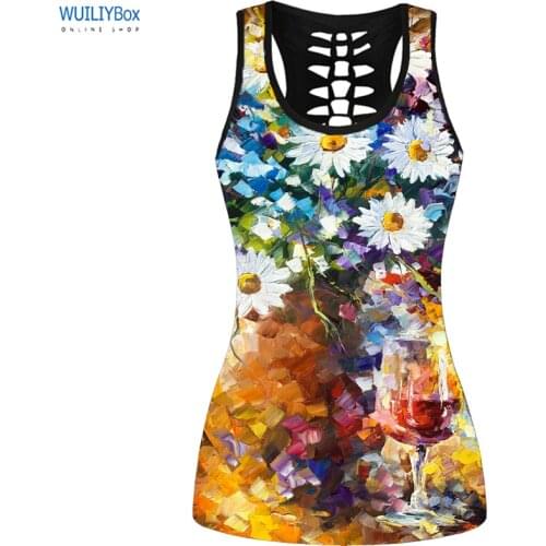 Womens Yoga Flower Tank Top Graphic Sleeveless 3D Print Tees Back Hollow Tops Fashion Top for Teens