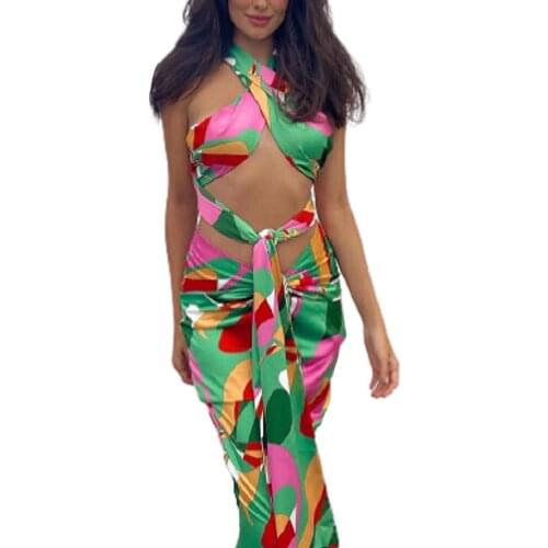 Ladies Summer Sexy Dress Suit Women Fashionable Geometric Printing Lace Up Top + Slim Style Middle Skirt Set for Shopping