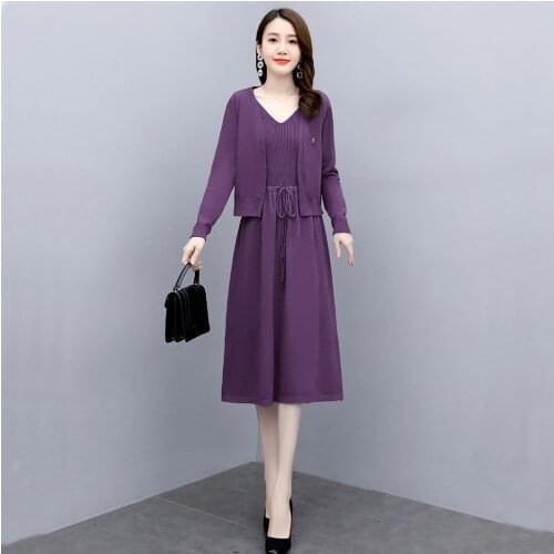 2021 Autumn Fashion Knitted 2 Piece Set Women V-neck Sleeveless Straight Dress + Sweater Cardigan Outfits Solid Color Suit Q806
