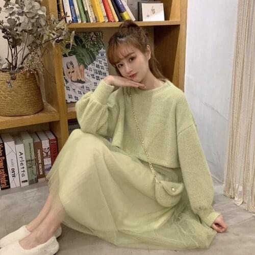 2020 Sweet Two Pieces Suit Women Knitted Sweater Spring Winter O Neck Sweaters and Spaghetti Strap Dress Set Female Dress S60