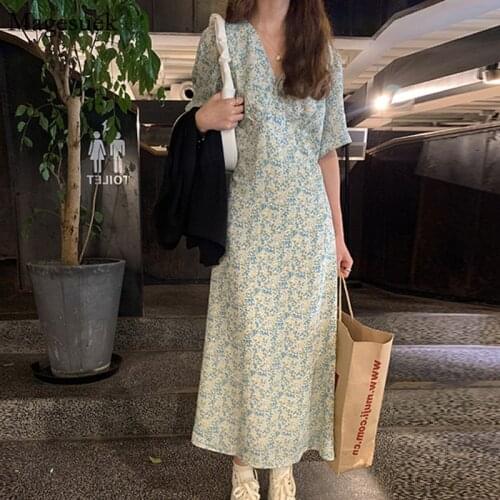 2021 Summer Maxi Floral Dress Women Short Sleeve Sexy Print Chiffon Dress Casual Loose Long Dresses Office Lady Robe Femme 15253