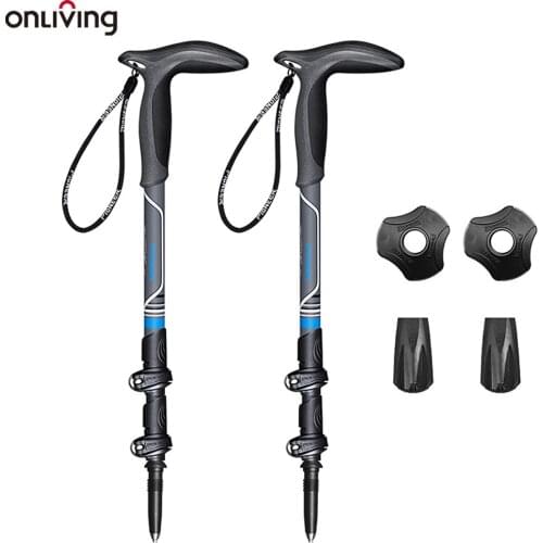 ONLIVING Anti Shock Trekking pole Carbon External Lock T Handle Trekking pole Adjustable Canes Hiking Climbing Walking Stick