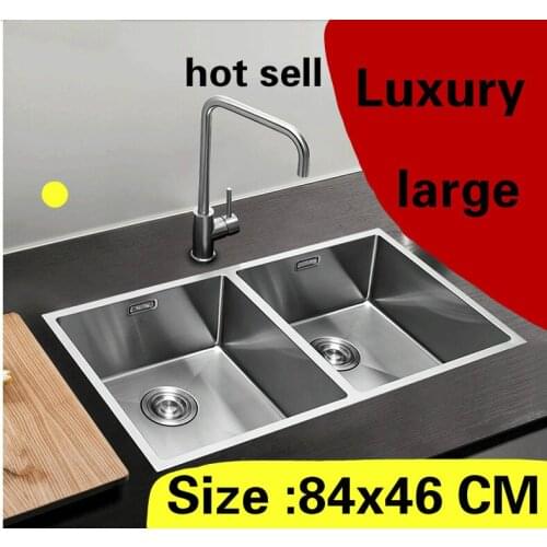 Free shipping Apartment big kitchen manual sink double groove luxury do the dishes 304 stainless steel hot sell 840x460 MM