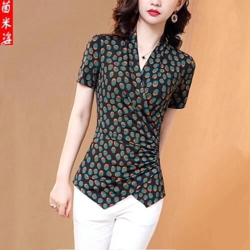 Blouse Women Shirt Knitted Polka Dot Shirt Summer 2021 T-shirt Short Sleeve V-neck Top for Women Blusas Mujer De Moda