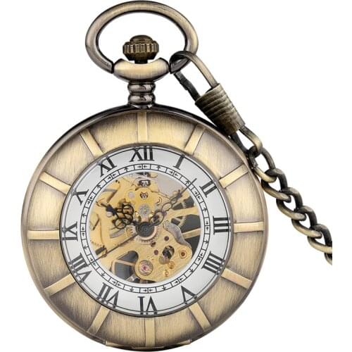 Classical Hand Winding Mechanical Pocket Watch for Men Women Double Open Design Vintage Pendant Chain Clock with Roman Number