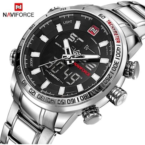 NAVIFORCE Top Brand Men Military Sport Watches Mens LED Analog Digital Watch Male Stainless Quartz Clock Relogio Masculino 9093