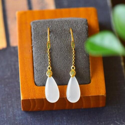 Independently designed natural Hetian jade drop-shaped long womens earrings, exquisite and luxurious silver jewelry