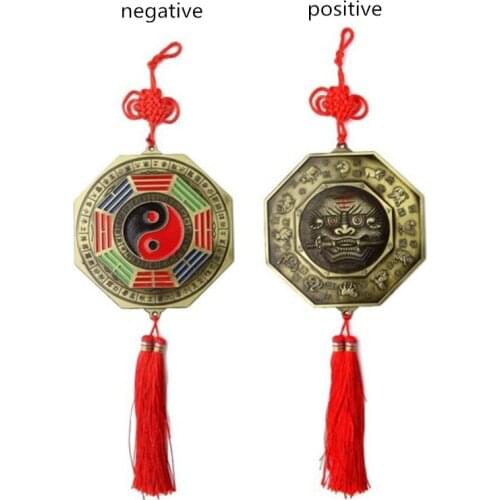 Feng Shui Foo Dog Biting a Sword Bagua Mirror with Chinese Knot Tassel for Office Family Protection