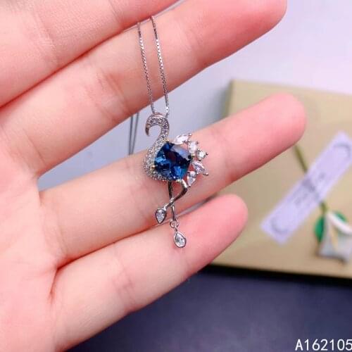 Fine jewelry 925 pure silver inlaid natural London blue topaz girl luxury popular square swan Chinese style gem pendant necklace