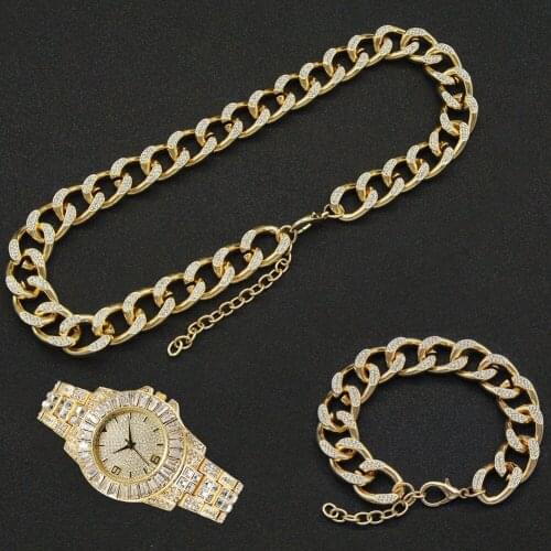 Hip Hop 16MM 3pcs Kit Full Iced Out Paved Rhinestone Choker Miami Adjustable Cuban Necklace+Watch+Bracelet For Women Jewelry