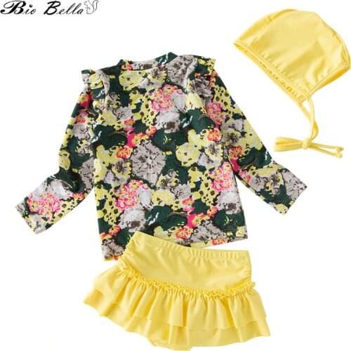 Toddler Baby Kids Girls Swimwear Flower Print Two Piece Bikini Children Swimsuit Long Sleeve Tops+Shorts Girl Beachwear