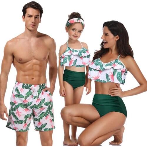Summer new parent-child family style swimsuit printed mother and daughter high waist bikini adult mens pants parent-child wear