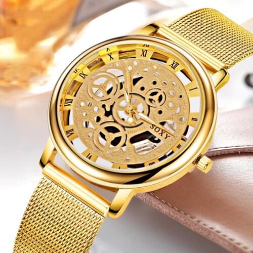 2019 Luxury Skeleton Watch Men Women Wrist Watch Fashion Watch Homme 2019 Gold Wrist Watch Men of Steel Mesh men see reloj mujer