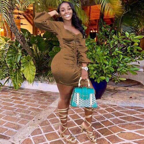 Solid Ruched Drawstring Bandage Bodycon Dress Women Square Collar Lantern Sleeve Pencil Dress Sexy Cut Out Party Club Vestidos