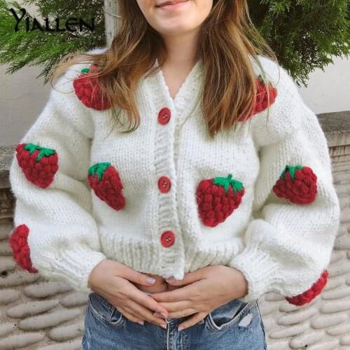 Yiallen Autumn New Fashion Elegant Cute Print Strawberry Single Breasted Sweater Women Thicken Warm Cardigan Sweater Streetwear