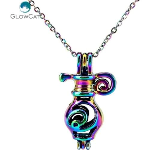 C291 Rainbow Color Horoscope Aquarius Cage Pendant Aroma Essential Oil Diffuser Locket Necklace