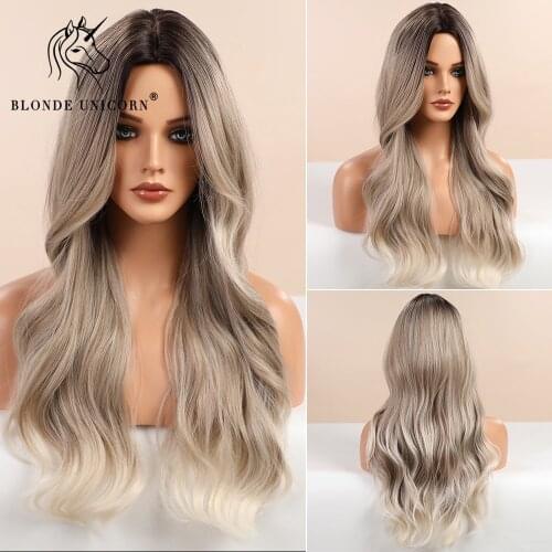 BLONDE UNICORN Long Wavy Hair Wig Dark Root Ombre Grey Daily Natural Synthetic Wig for Black White Women Heat Resistant Fiber