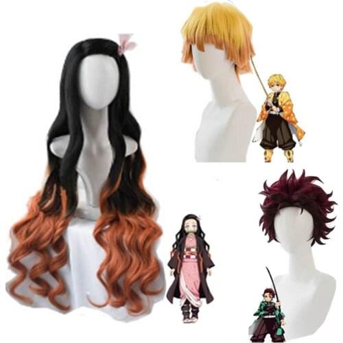 Anime Kimetsu no Yaiba Demon Slayer Cosplay Wigs Kamado Nezuko Wigs Tanjirou Kamado Wigs Zenitsu Agatsuma Wigs Golden Short Hair