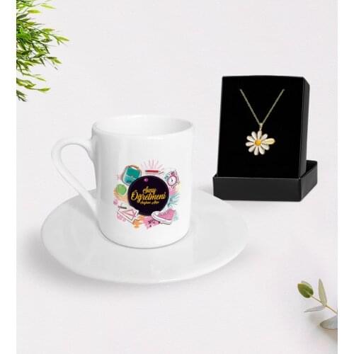 Personalized Class Teacher Turkish coffee Cup and Is Daisy Necklace Gift Seti-15